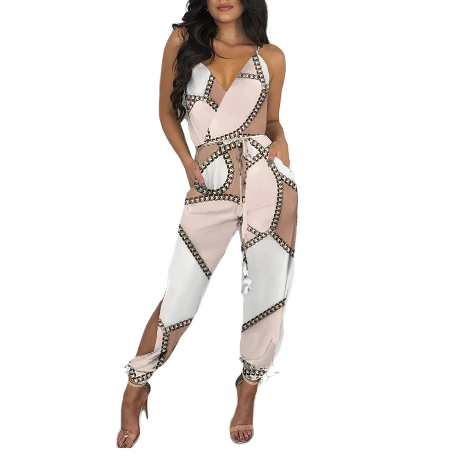 2021 New Style Women Sexy Jumpsuit With Slit Design Printed Pattern Deep V-neck Sleeveless Overalls With Waistband