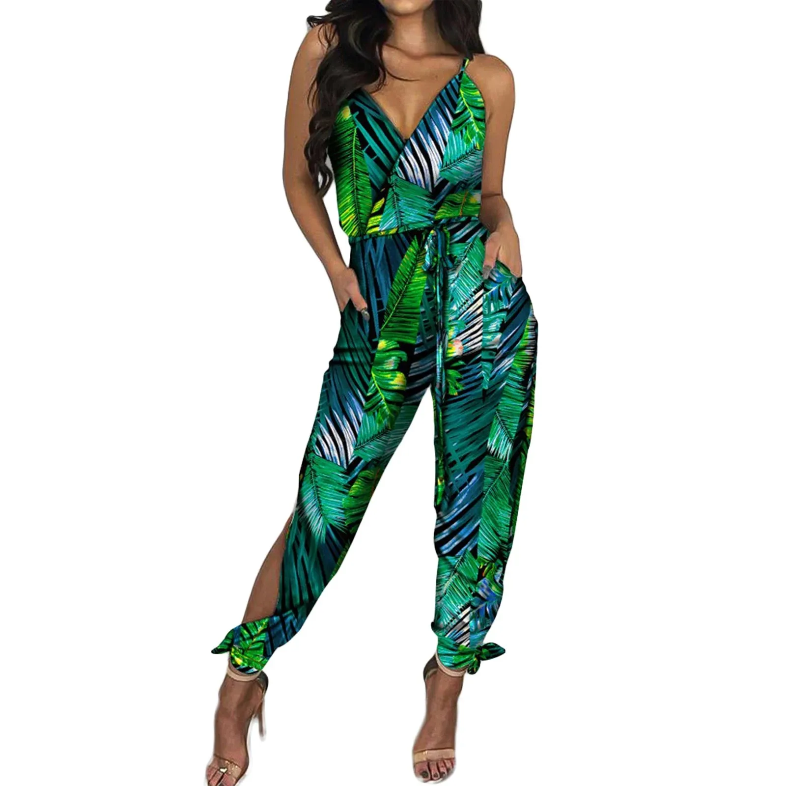 2021 New Style Women Sexy Jumpsuit With Slit Design Printed Pattern Deep V-neck Sleeveless Overalls With Waistband