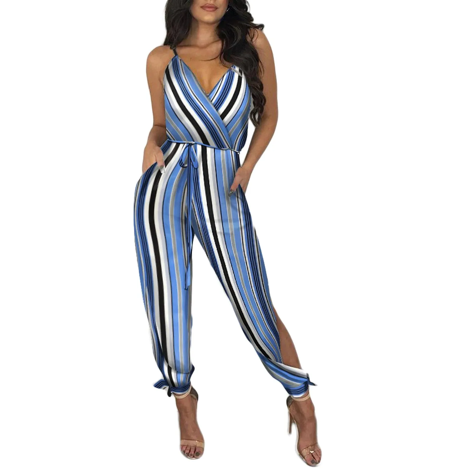 2021 New Style Women Sexy Jumpsuit With Slit Design Printed Pattern Deep V-neck Sleeveless Overalls With Waistband