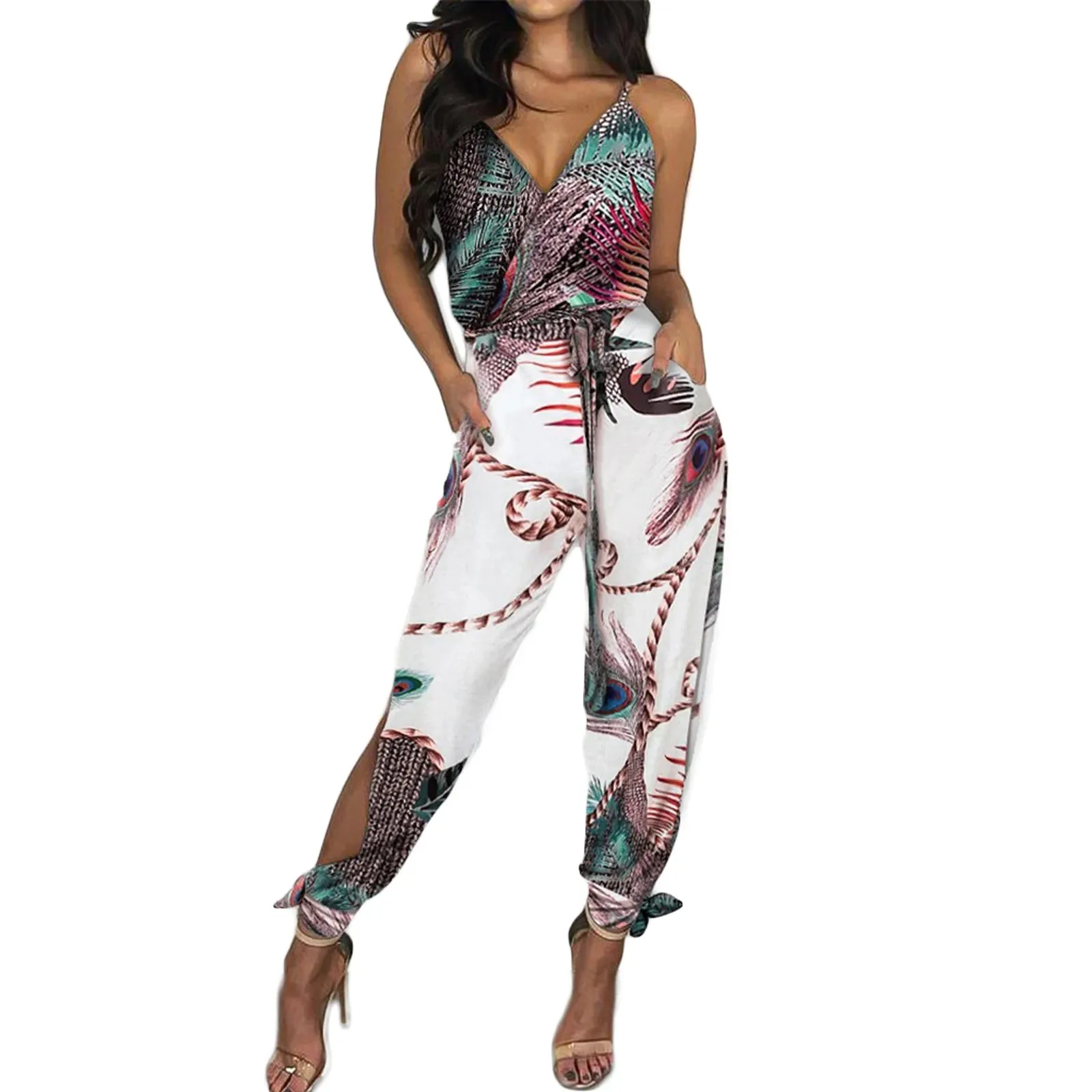 2021 New Style Women Sexy Jumpsuit With Slit Design Printed Pattern Deep V-neck Sleeveless Overalls With Waistband