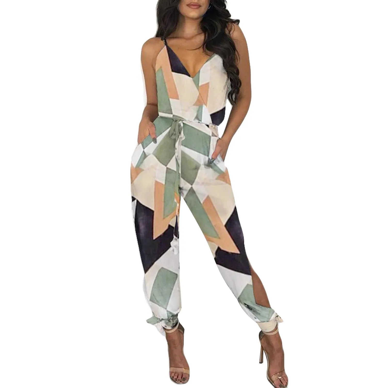 2021 New Style Women Sexy Jumpsuit With Slit Design Printed Pattern Deep V-neck Sleeveless Overalls With Waistband