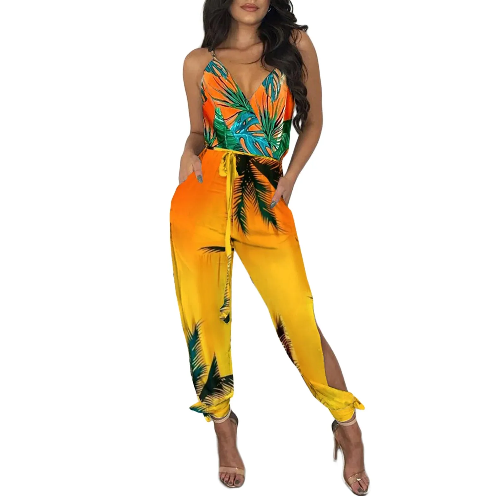 2021 New Style Women Sexy Jumpsuit With Slit Design Printed Pattern Deep V-neck Sleeveless Overalls With Waistband