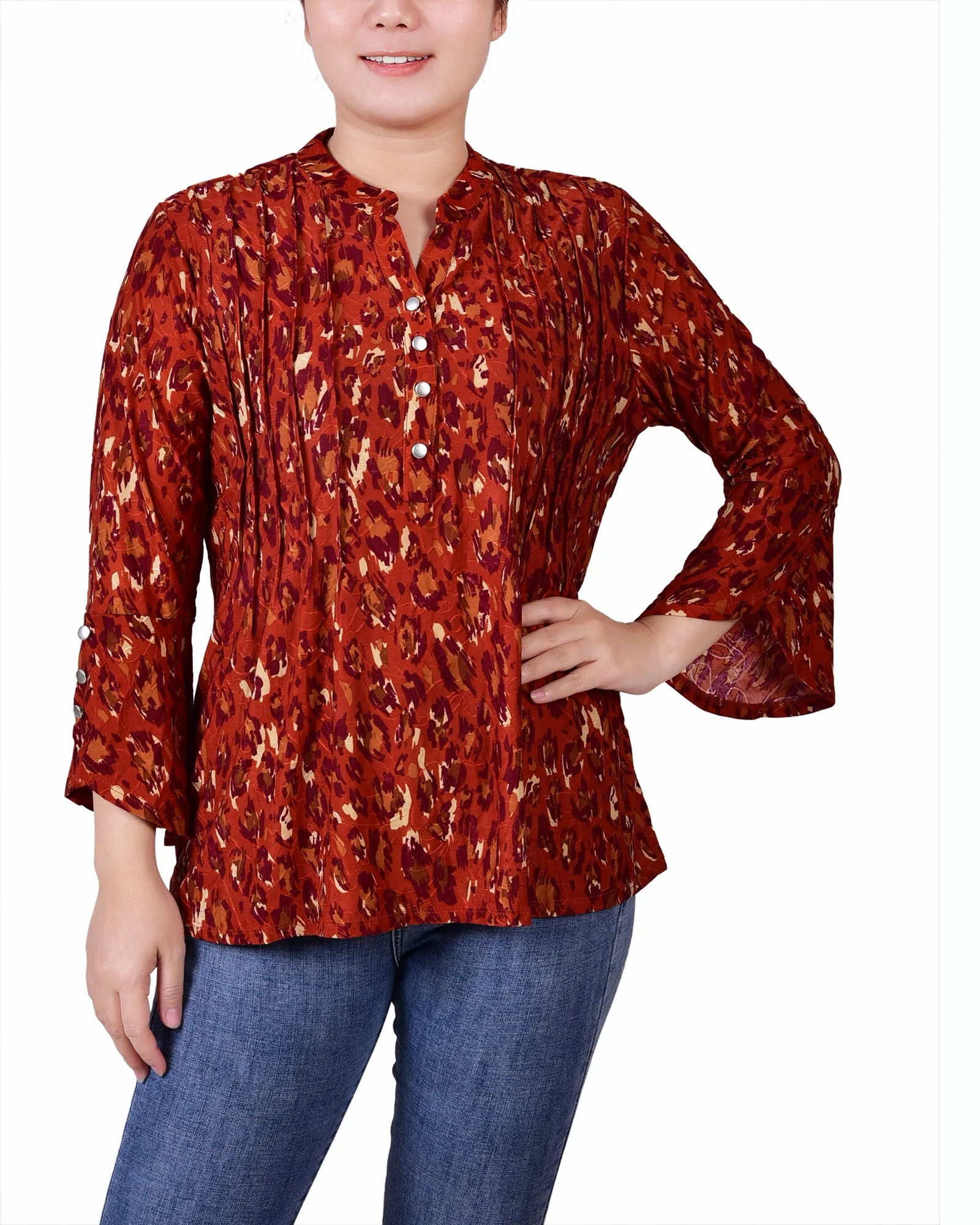 3/4 Sleeve Overlapped Bell Sleeve Y Neck Top