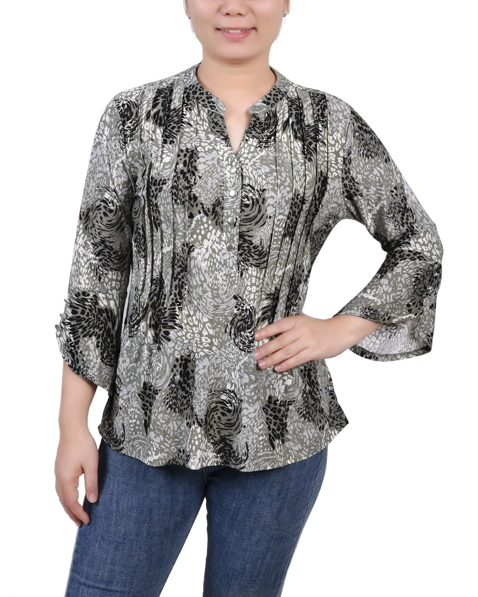 3/4 Sleeve Overlapped Bell Sleeve Y Neck Top