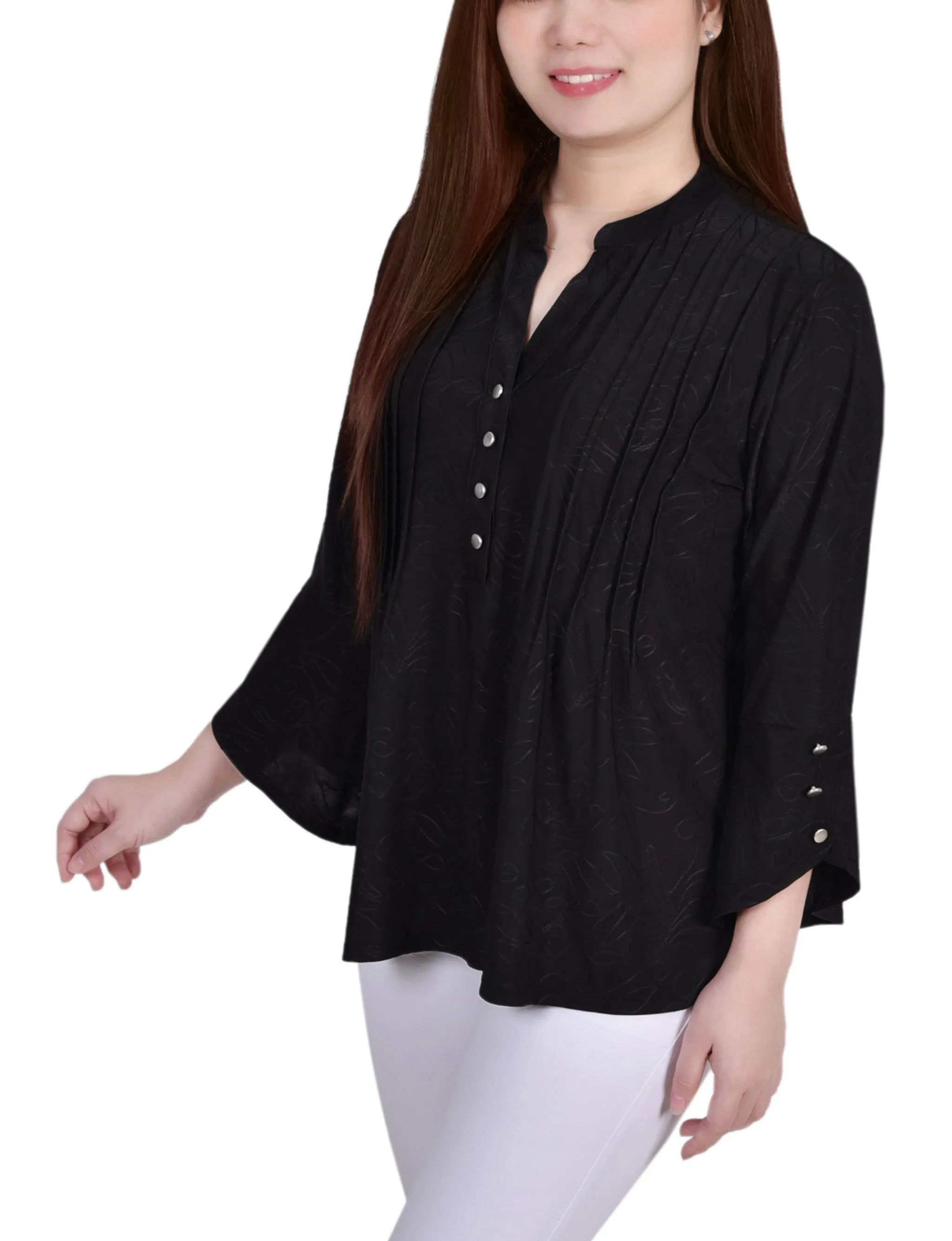 3/4 Sleeve Overlapped Bell Sleeve Y Neck Top