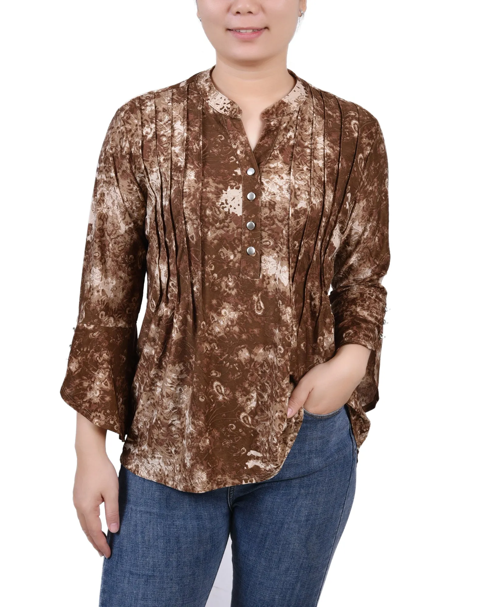 3/4 Sleeve Overlapped Bell Sleeve Y Neck Top