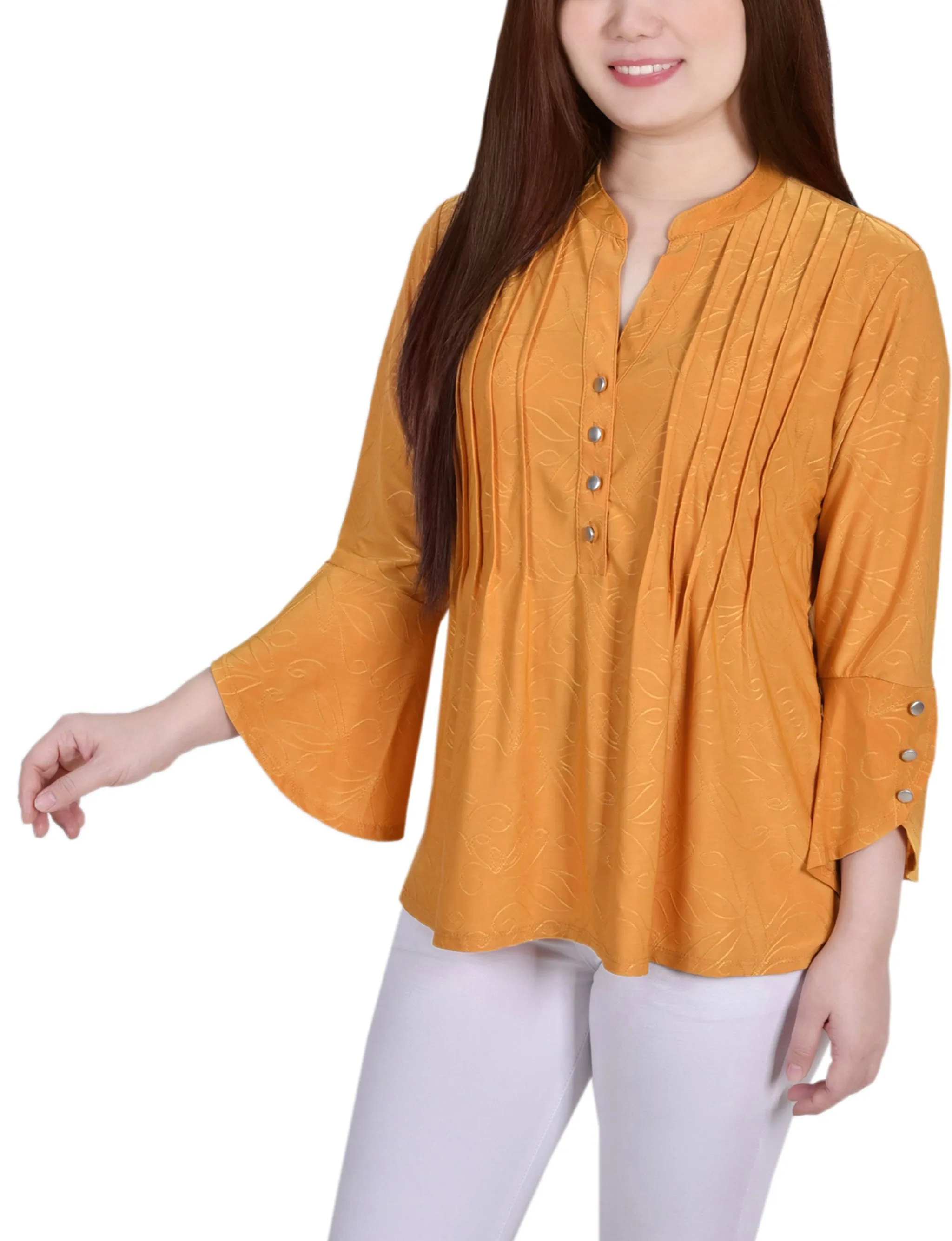 3/4 Sleeve Overlapped Bell Sleeve Y Neck Top