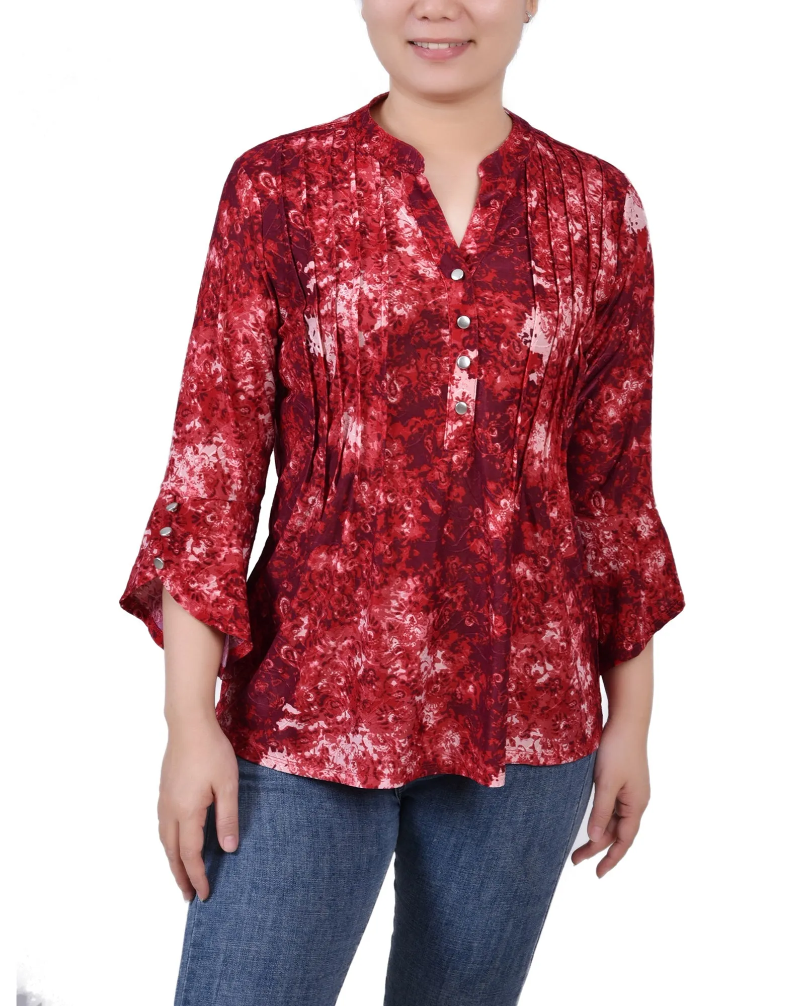 3/4 Sleeve Overlapped Bell Sleeve Y Neck Top