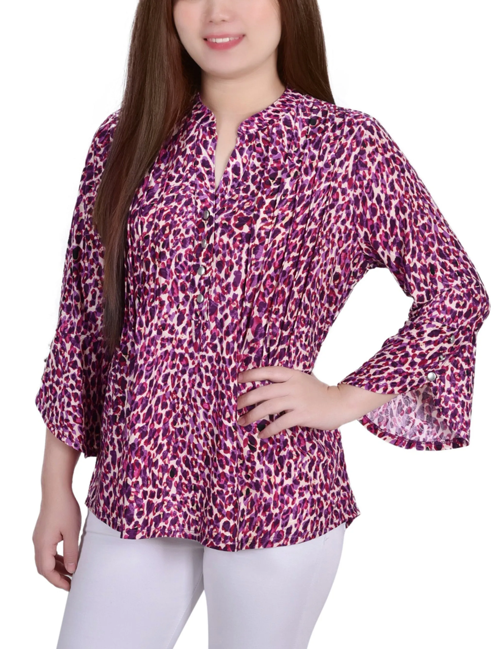 3/4 Sleeve Overlapped Bell Sleeve Y Neck Top