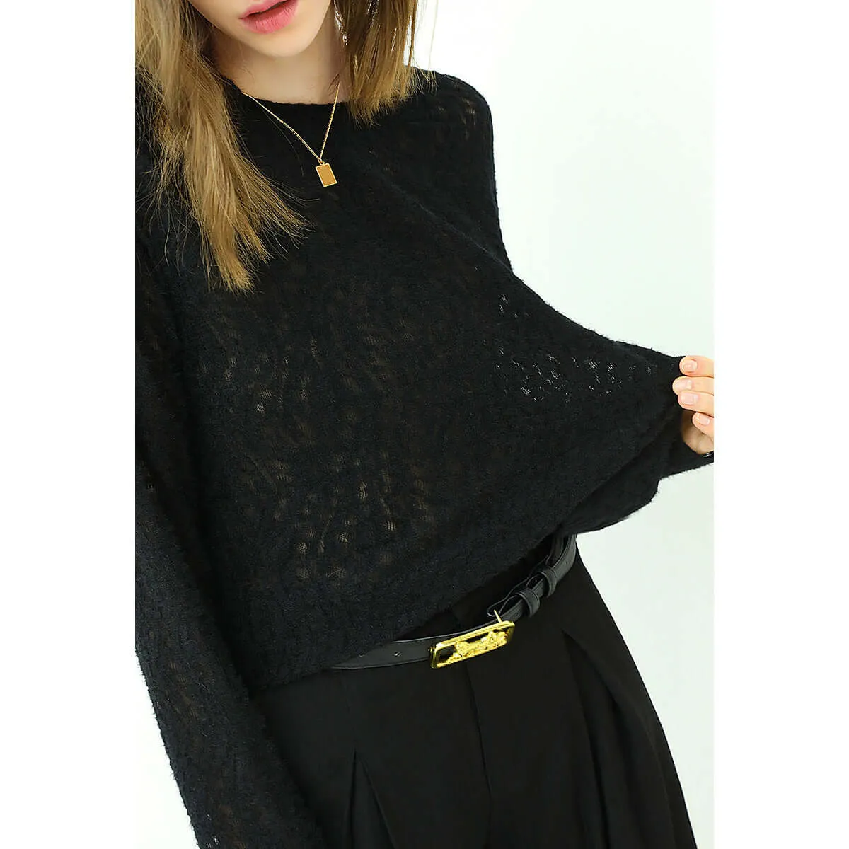 3D Hollow-out Jacquard Black Knit Top