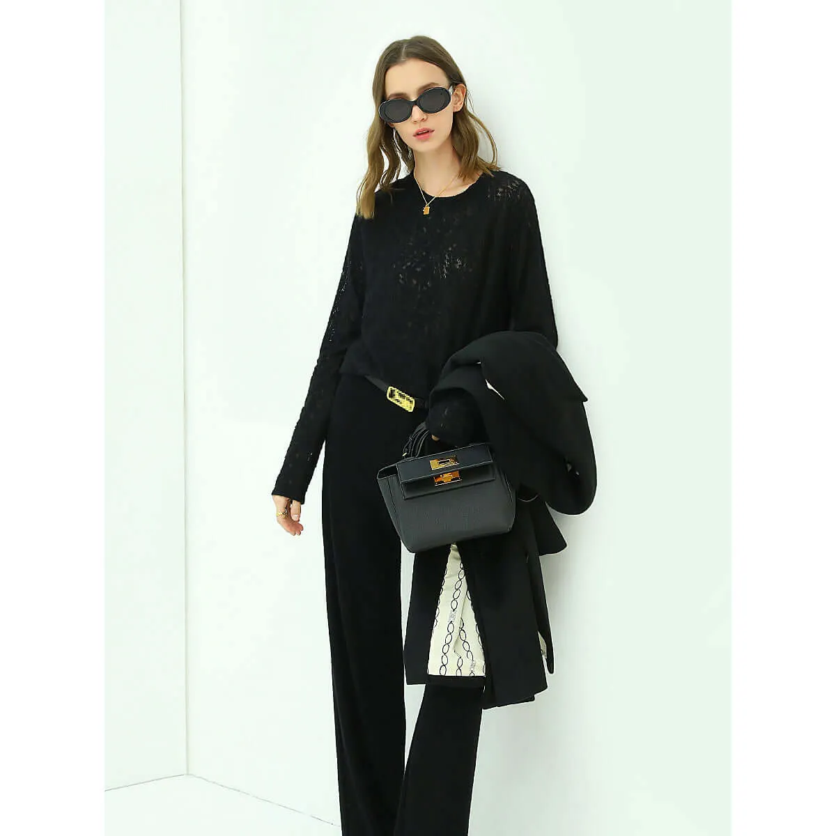 3D Hollow-out Jacquard Black Knit Top