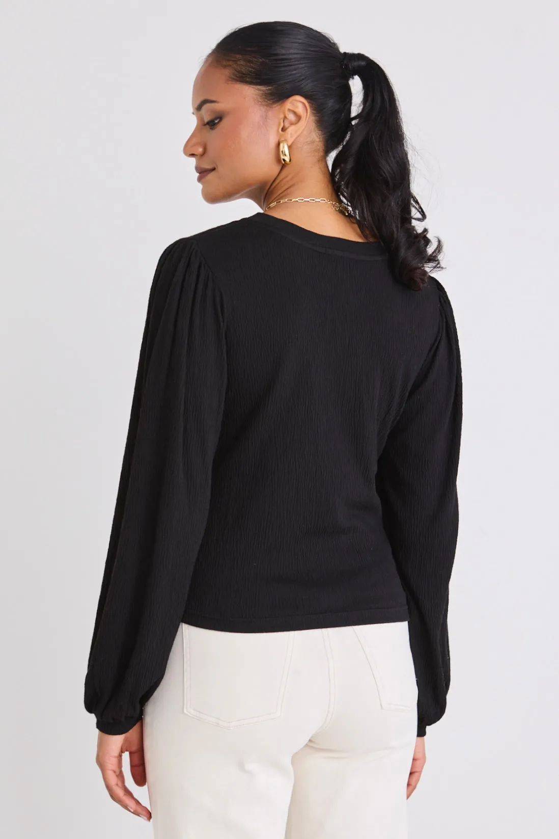 Annabelle Black Puff Sleeve Soft Textured Knit Top