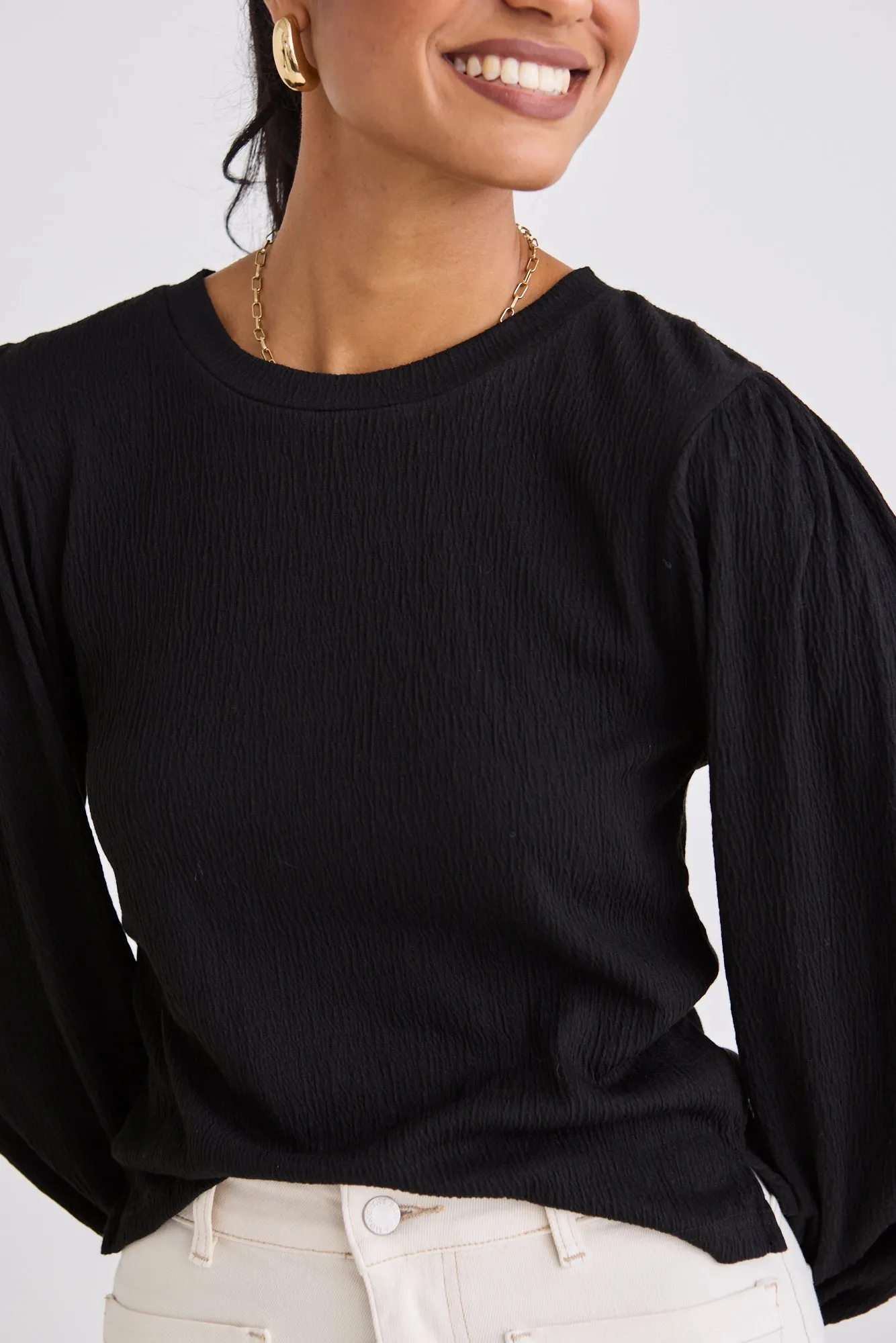 Annabelle Black Puff Sleeve Soft Textured Knit Top