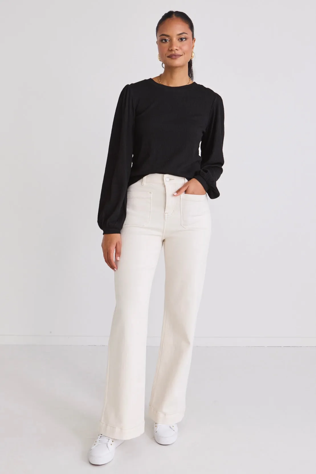 Annabelle Black Puff Sleeve Soft Textured Knit Top