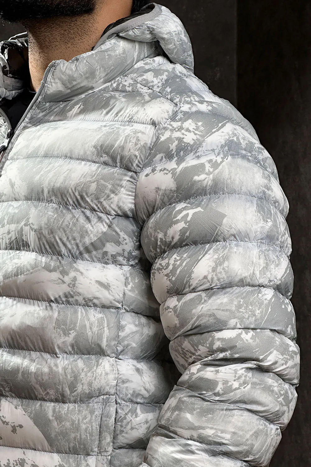 Ash Grey Camouflaged Print Padded Jacket - 1124114