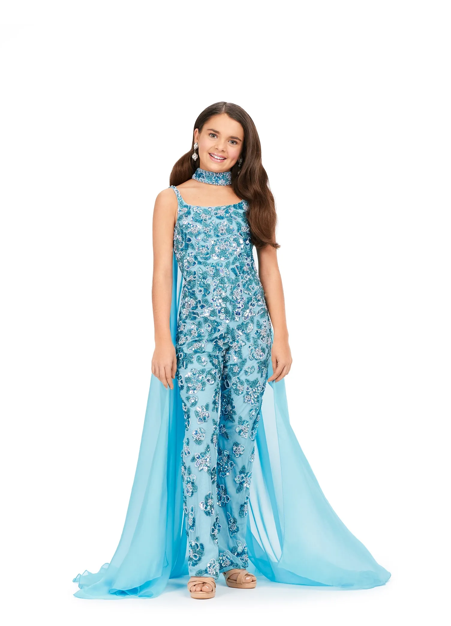 Ashley Lauren Kids 8190 Size 6 Ivory  Beaded Choker Chiffon Cape Jumpsuit Girls Pageant