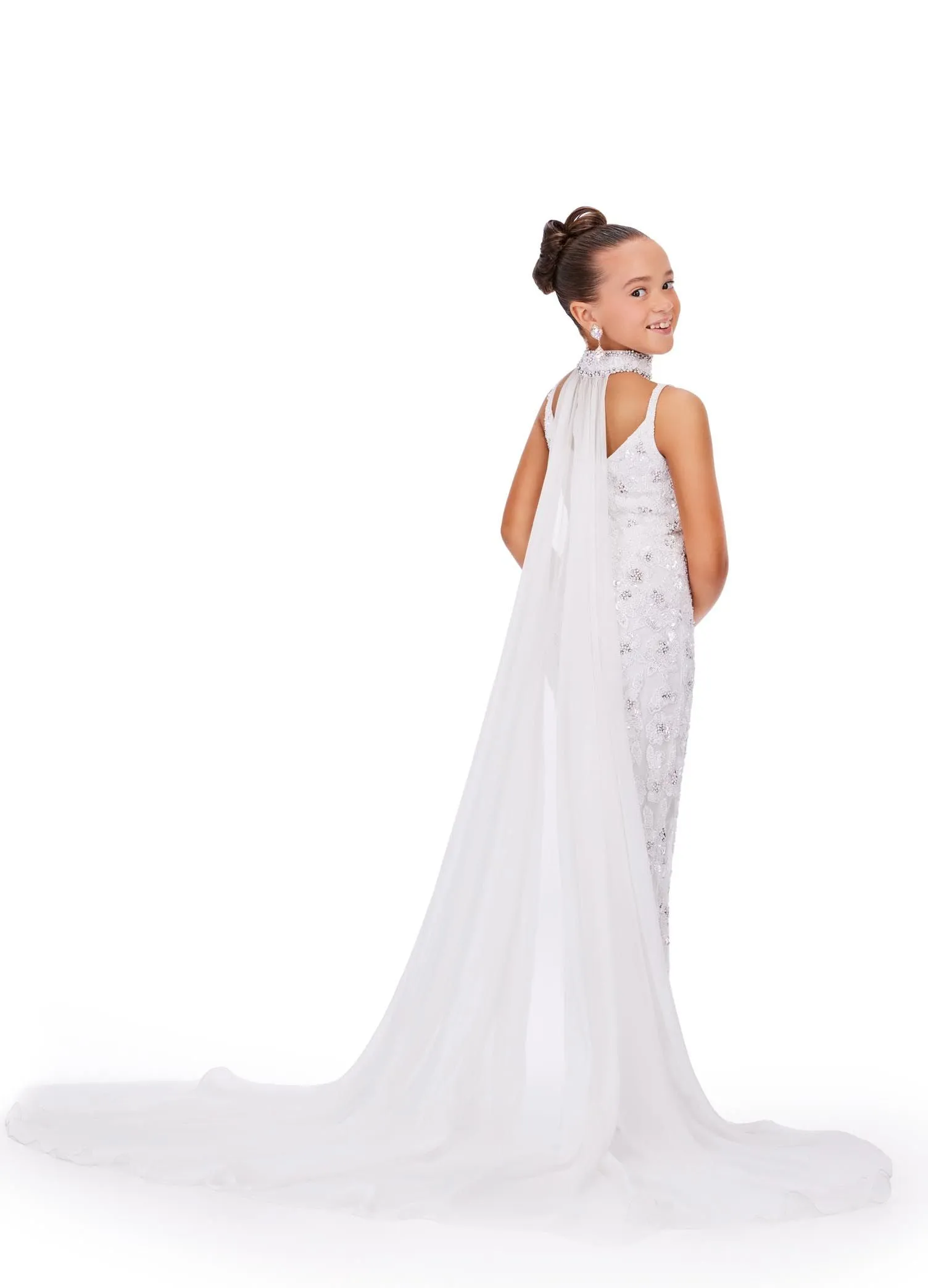 Ashley Lauren Kids 8190 Size 6 Ivory  Beaded Choker Chiffon Cape Jumpsuit Girls Pageant