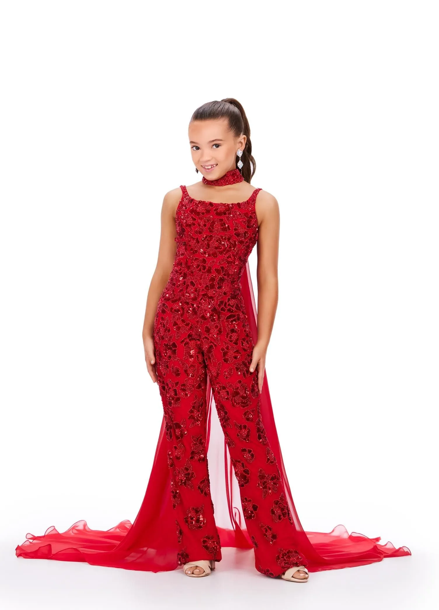 Ashley Lauren Kids 8190 Size 6 Ivory  Beaded Choker Chiffon Cape Jumpsuit Girls Pageant