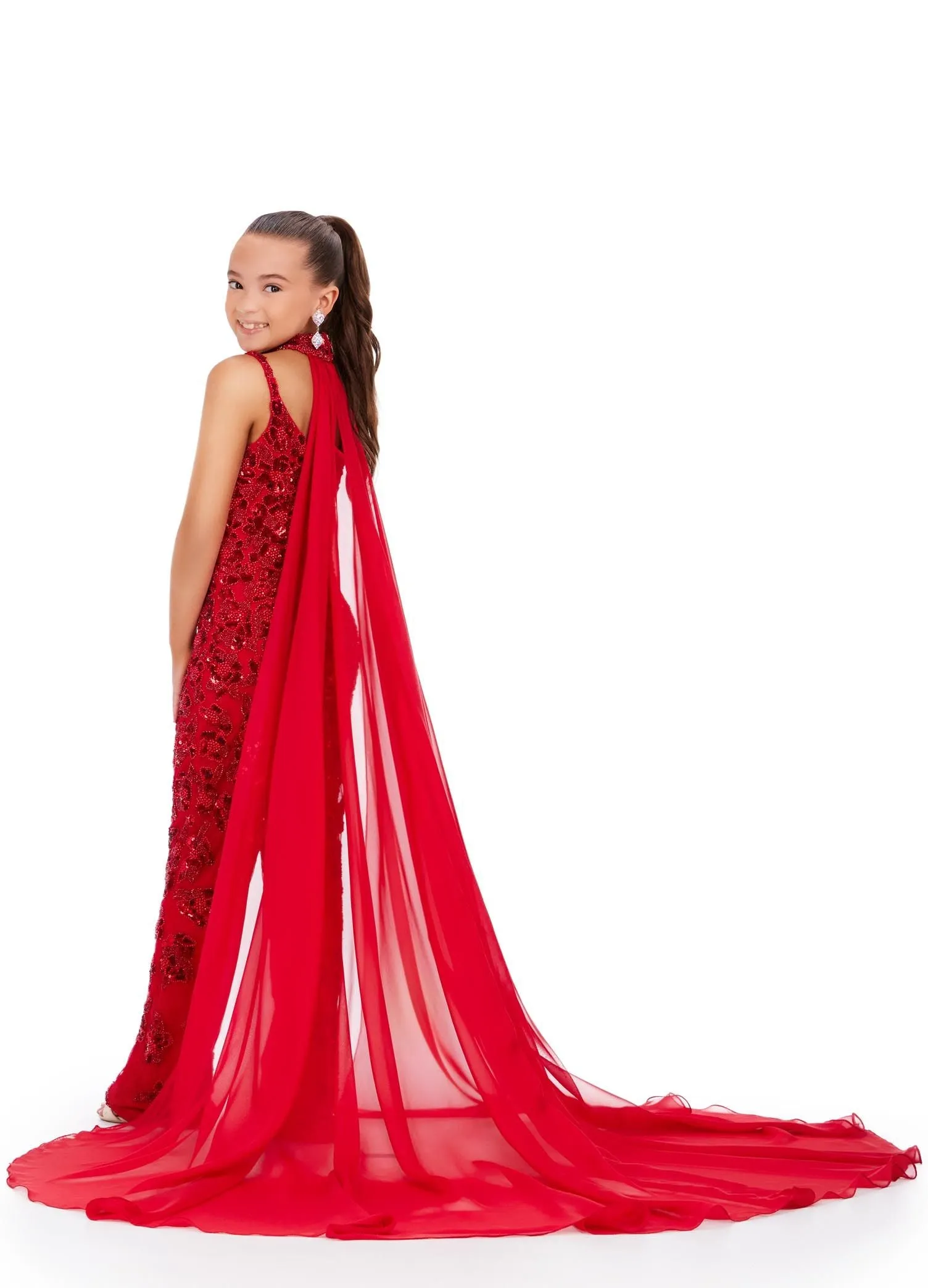 Ashley Lauren Kids 8190 Size 6 Ivory  Beaded Choker Chiffon Cape Jumpsuit Girls Pageant