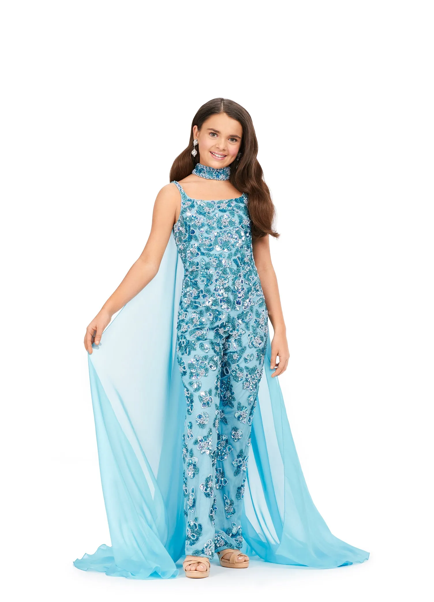 Ashley Lauren Kids 8190 Size 6 Ivory  Beaded Choker Chiffon Cape Jumpsuit Girls Pageant