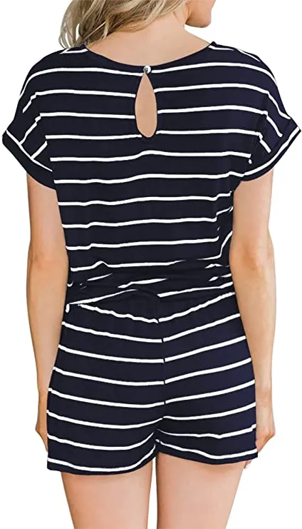 Black Short Summer Crewneck Casual Loose Short Sleeve Jumpsuit Rompers One Piece Pajamas Loungewear with Pockets - ANRABESS