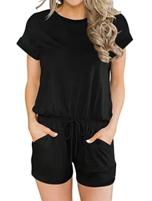 Black Short Summer Crewneck Casual Loose Short Sleeve Jumpsuit Rompers One Piece Pajamas Loungewear with Pockets - ANRABESS
