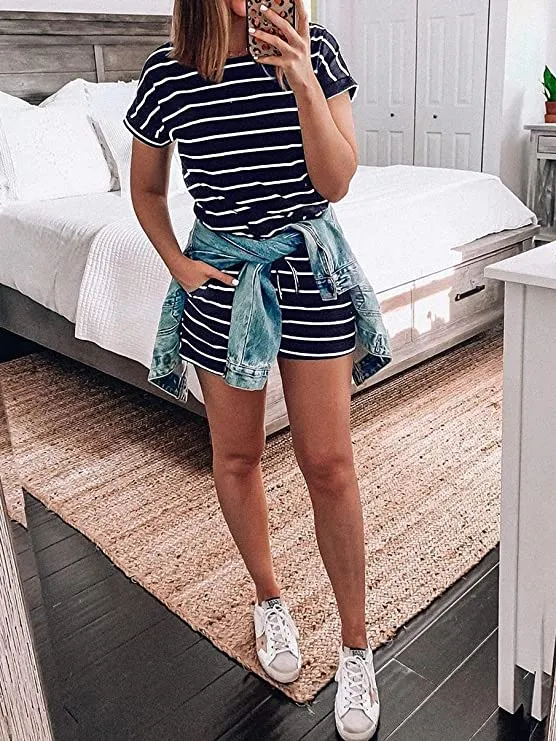 Black Short Summer Crewneck Casual Loose Short Sleeve Jumpsuit Rompers One Piece Pajamas Loungewear with Pockets - ANRABESS