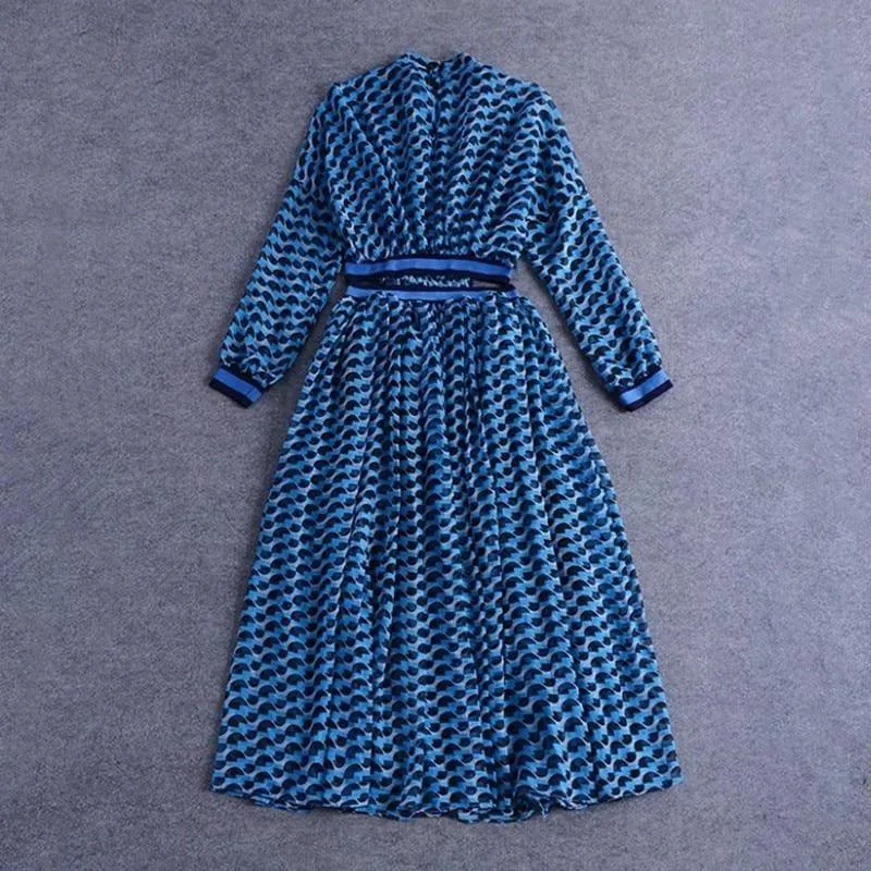 Blue Print Collar Tunic High Waist Ruched Maxi Dress