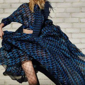 Blue Print Collar Tunic High Waist Ruched Maxi Dress