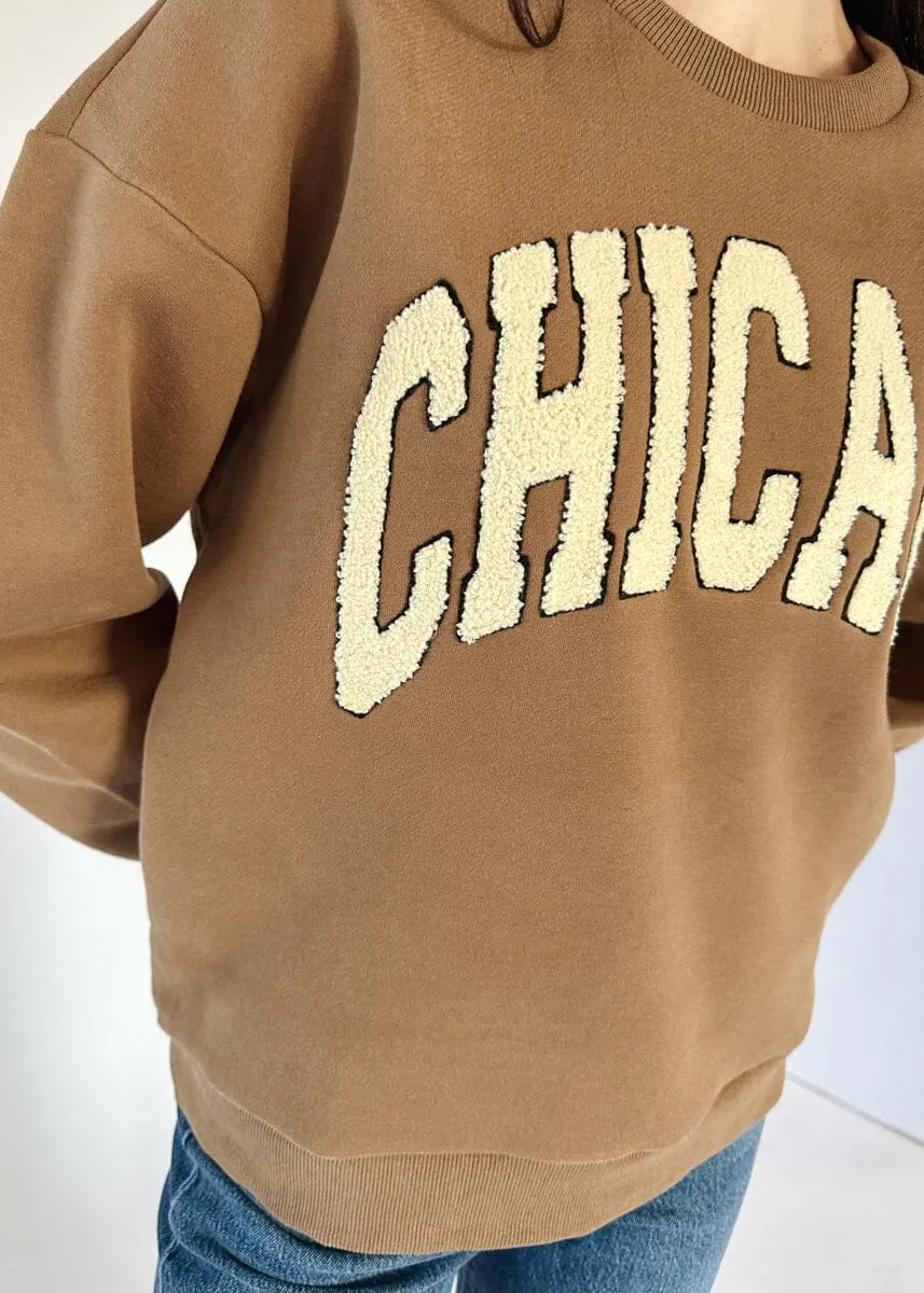 Chicago Boucle Letter Patch Crewneck - Chocolate