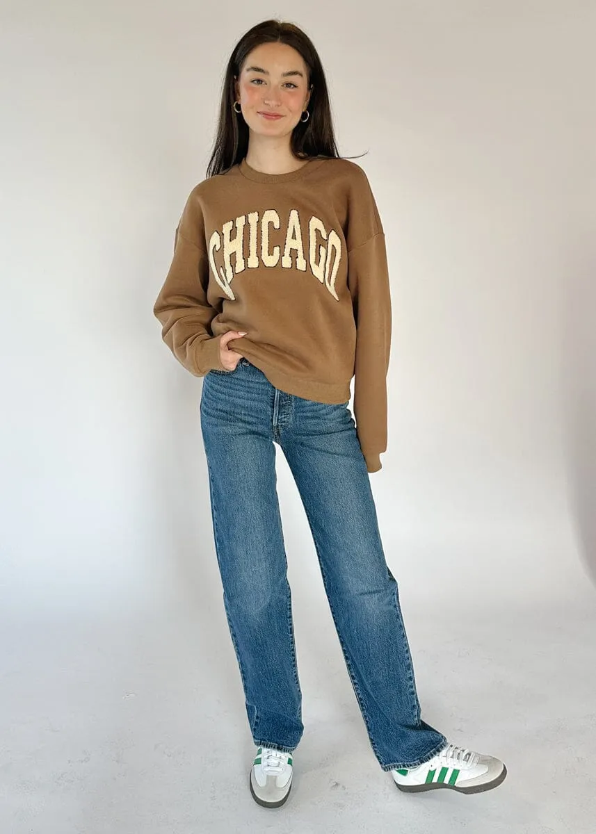 Chicago Boucle Letter Patch Crewneck - Chocolate