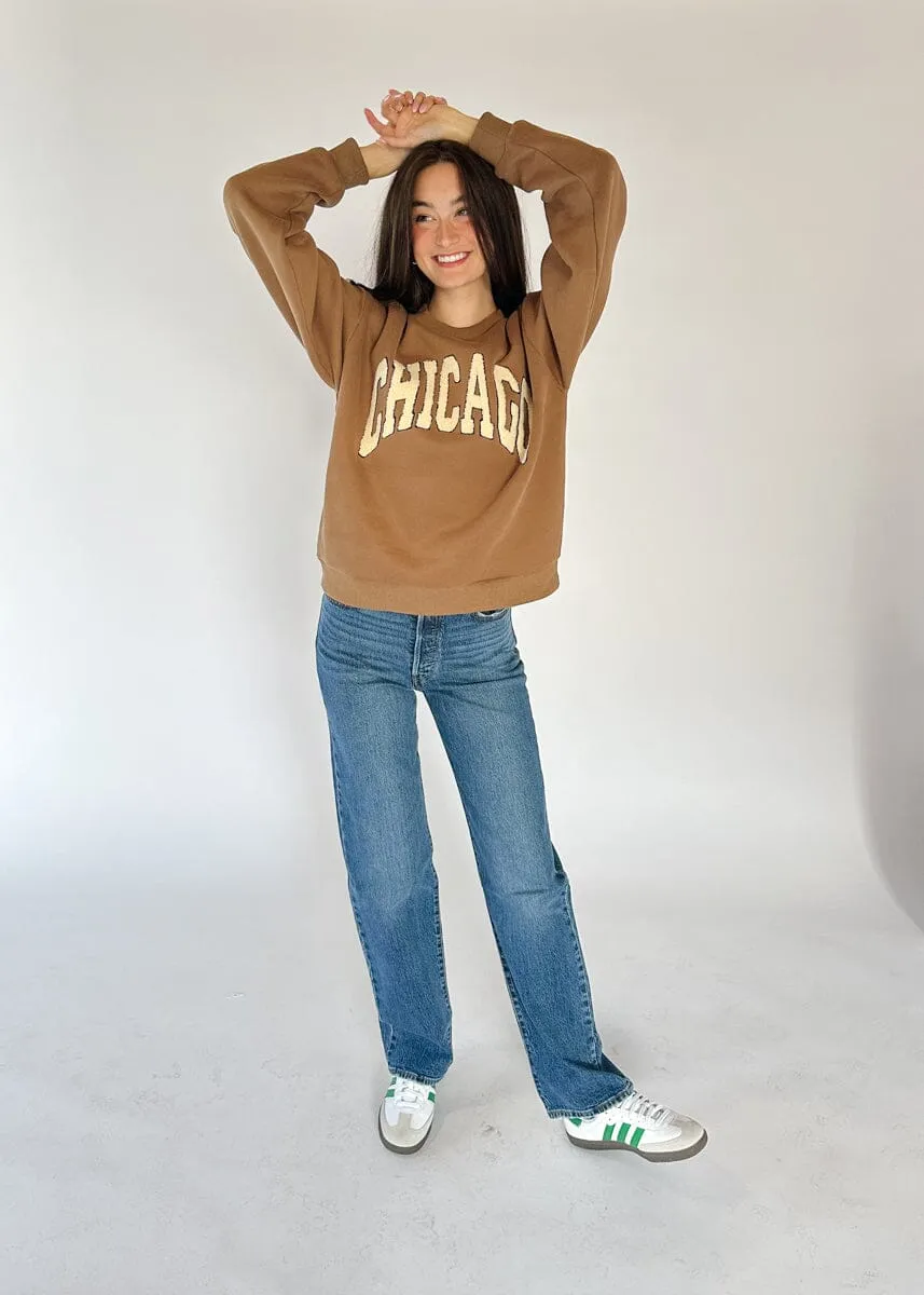 Chicago Boucle Letter Patch Crewneck - Chocolate