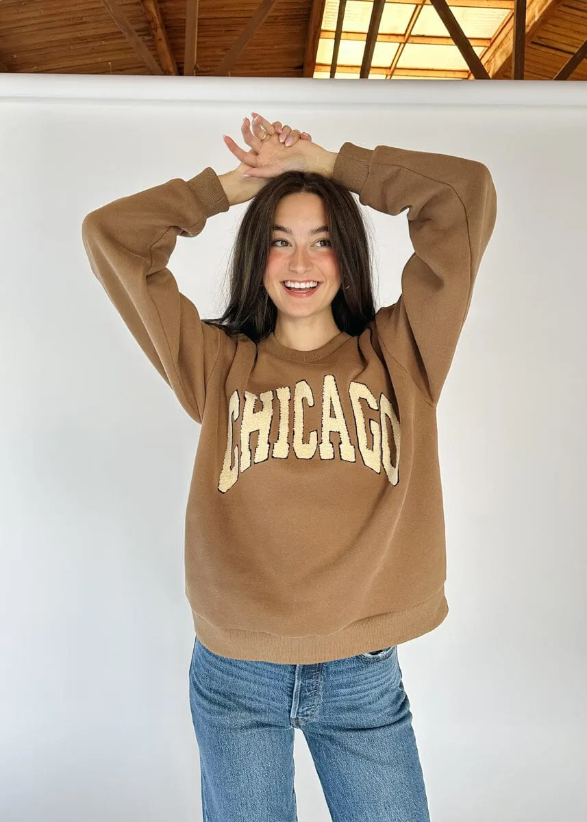 Chicago Boucle Letter Patch Crewneck - Chocolate