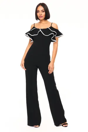 Cold Shoulder Ruffle Jumpsuit - Black