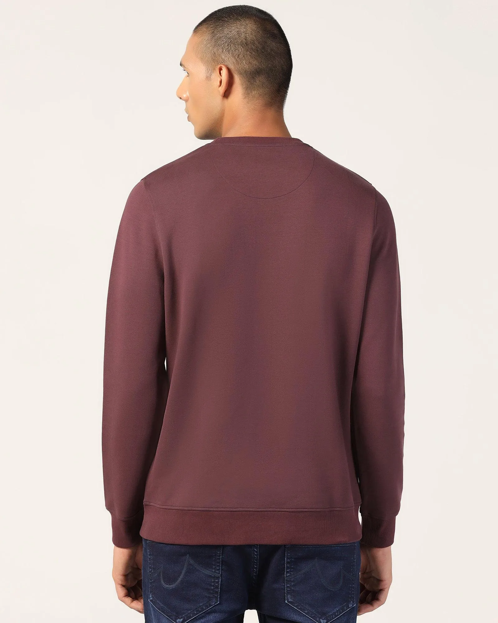 Crew Neck Wine Solid Sweatshirt - Feb