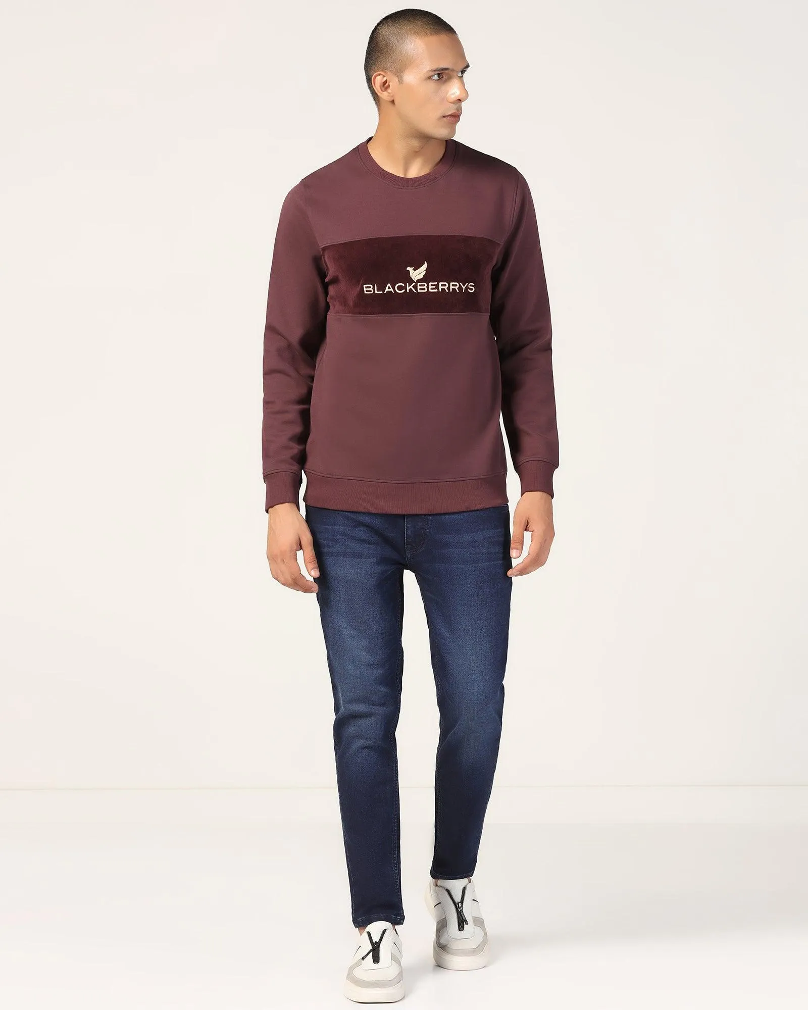 Crew Neck Wine Solid Sweatshirt - Feb