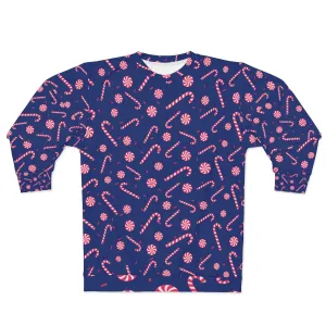 Dark Blue Red Candy Cane Christmas Holiday Crewneck Unisex Sweatshirt - Made in USA