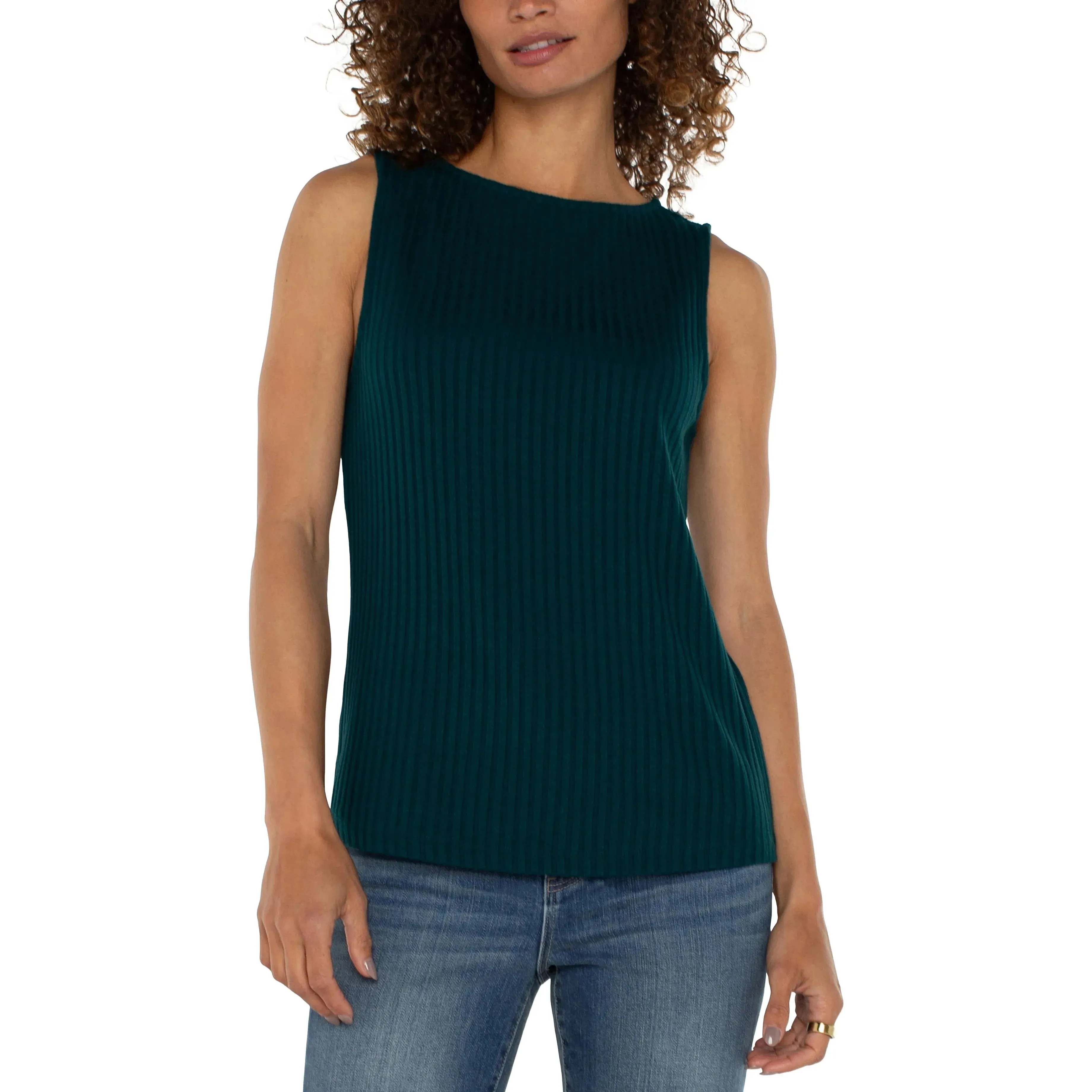 Dark Forest Green Sleeveless Boat Neck Rib Knit