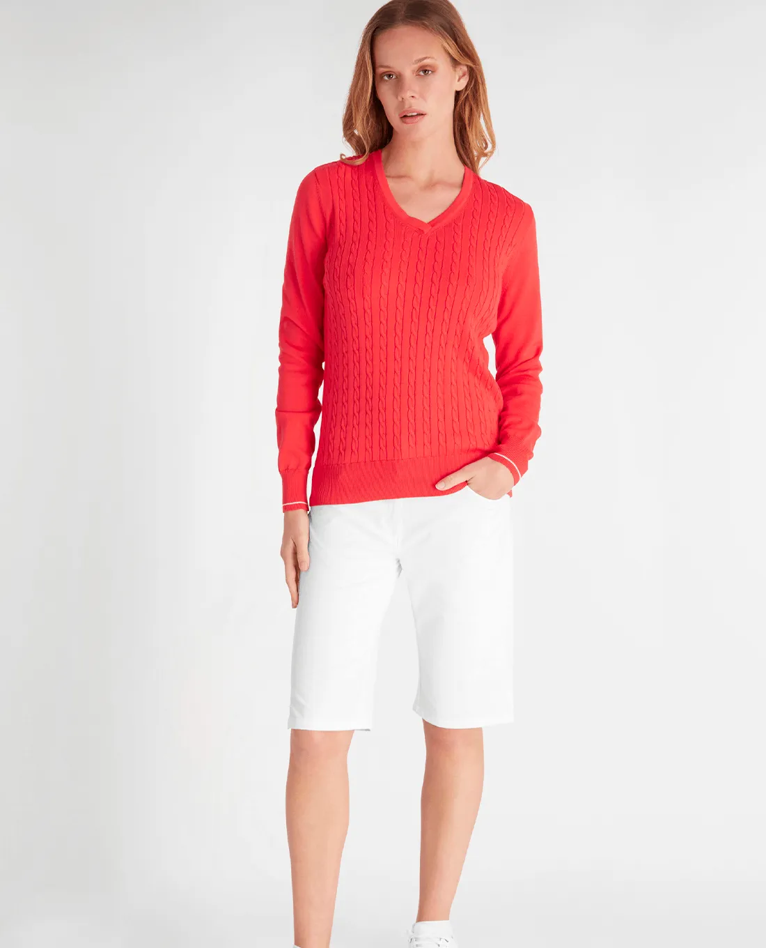 GREEN LAMB Nellie Cable Vee Neck Jumper 024 Poppy