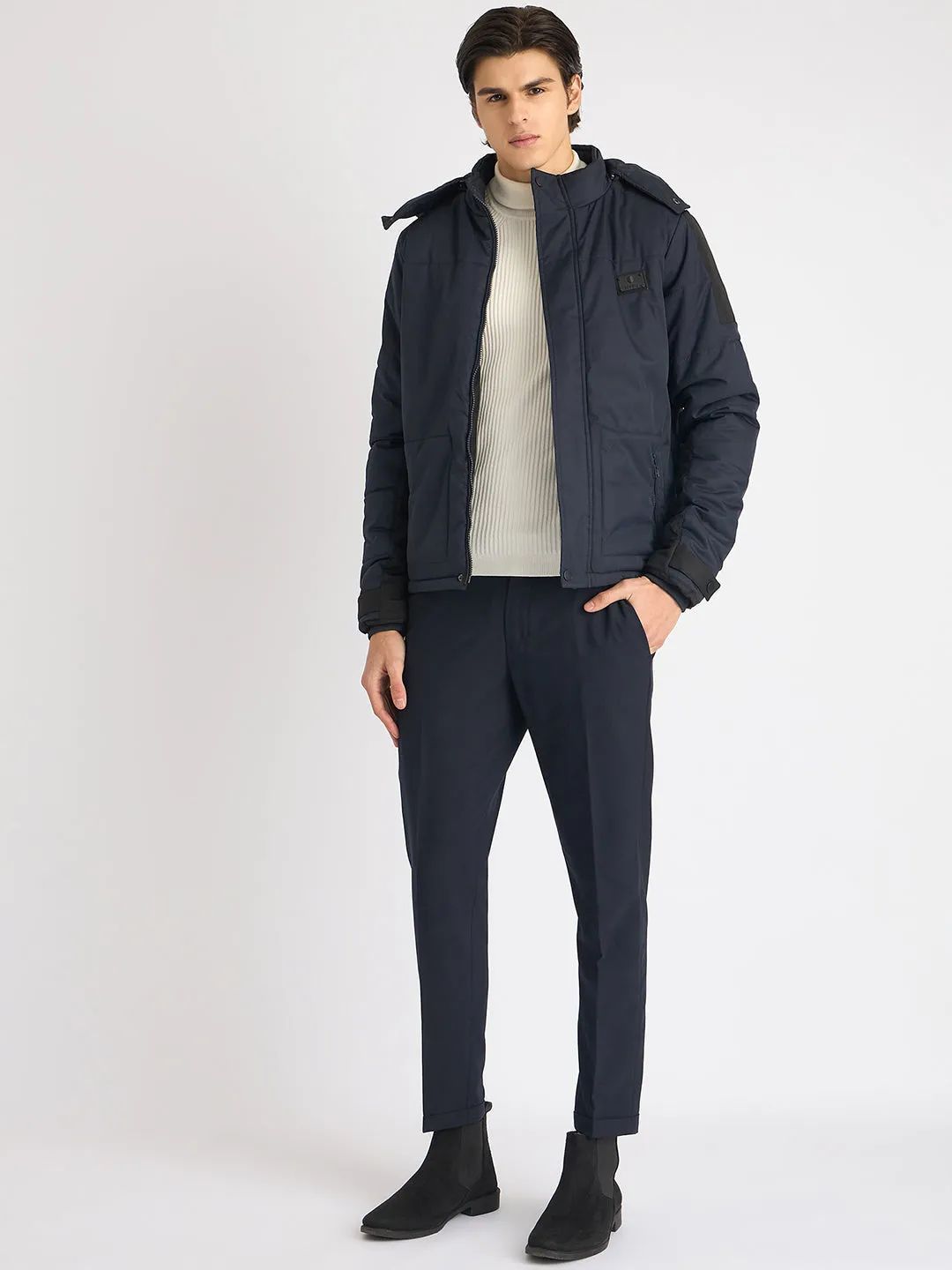 Iconic Men Blue Solid Stand Collar Full Sleeves Puffer Jacket