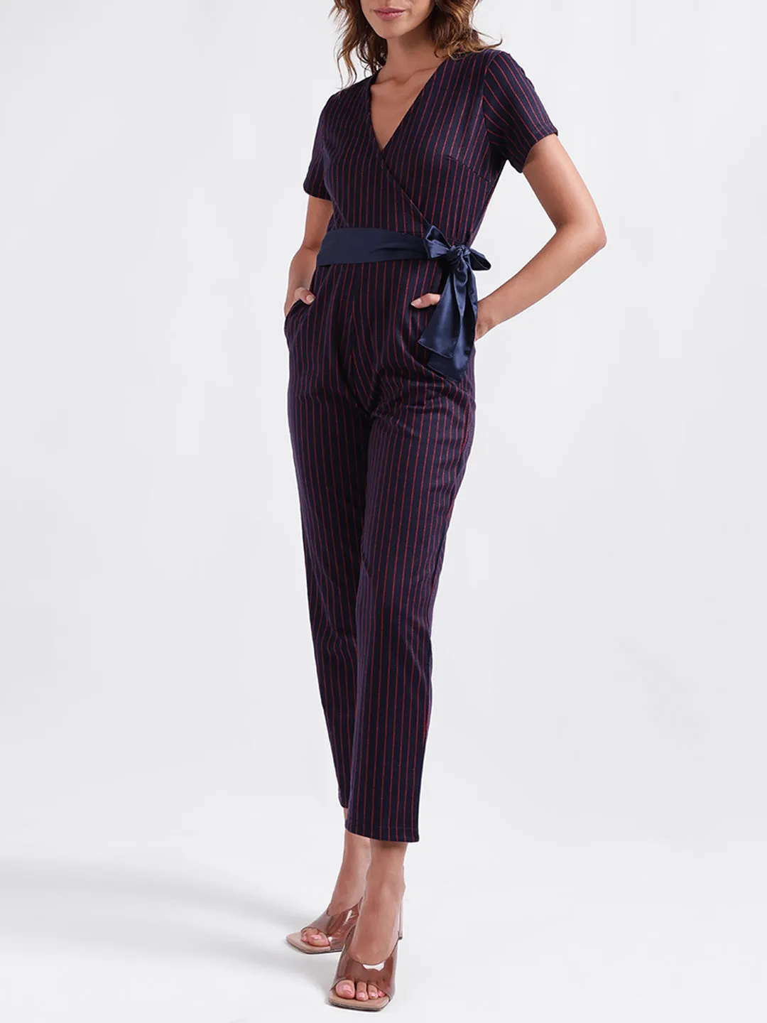 Iconic Women Striped Short Sleeves V Neck Jumpsuit