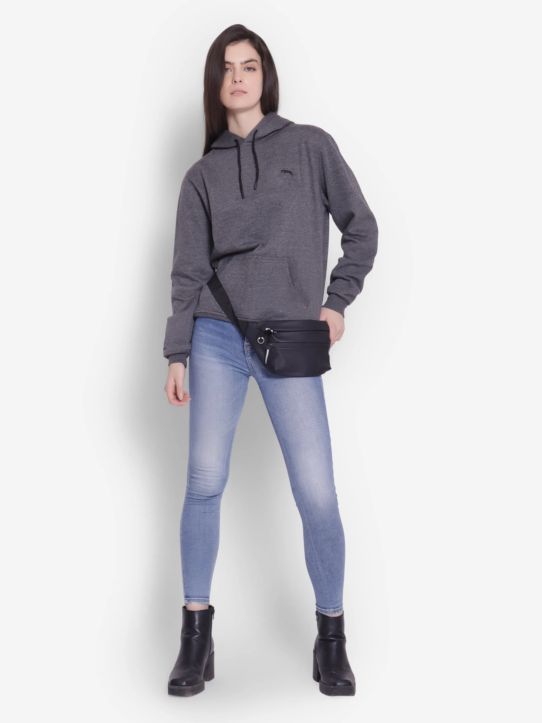 JUMP USA Women Solid Dark Grey Hoodie