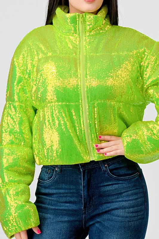 Lime Sexy Neon Sequins Puffer Overszied Bomber Jacket