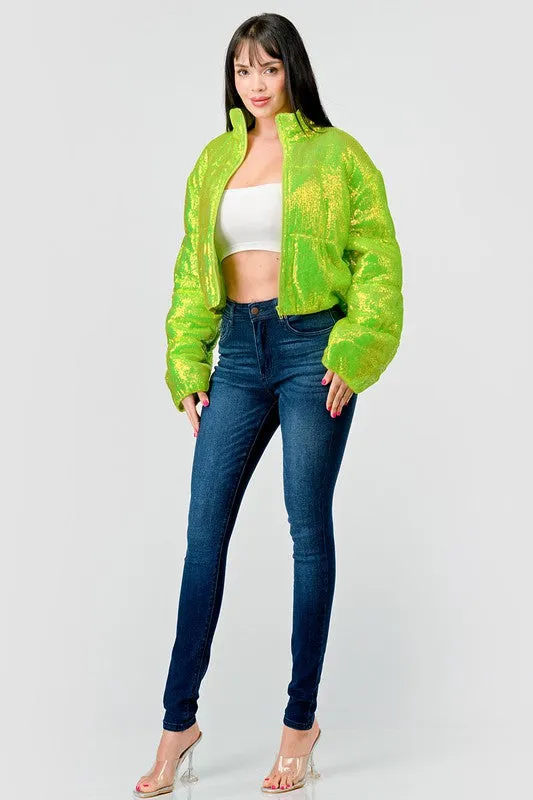 Lime Sexy Neon Sequins Puffer Overszied Bomber Jacket