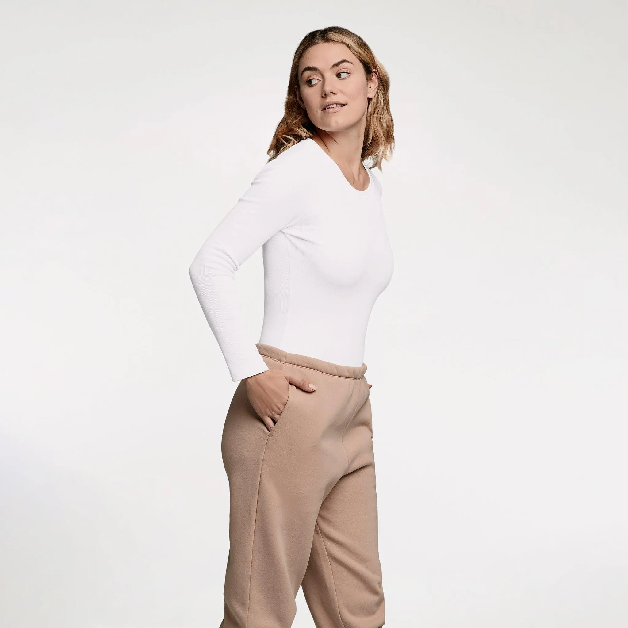 Long Sleeve Ribbed Crewneck Bodysuit | White