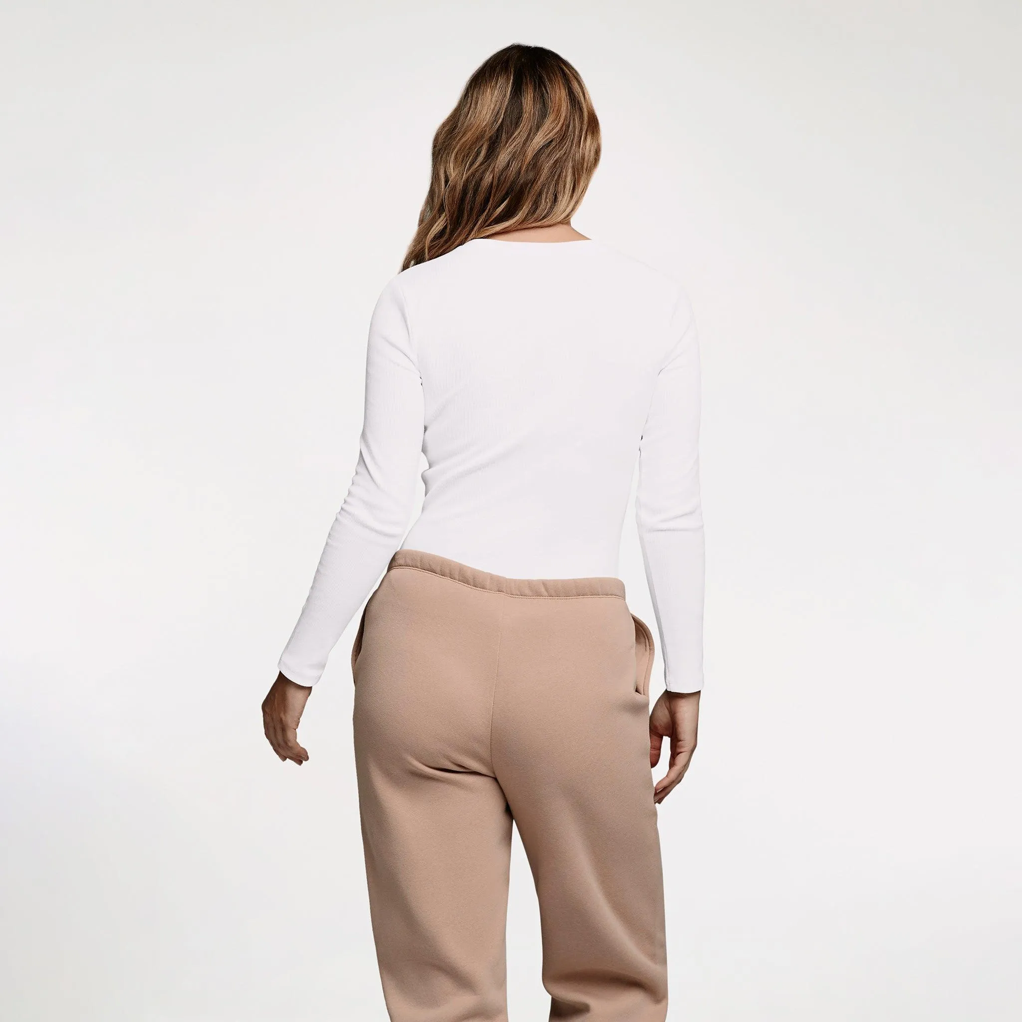 Long Sleeve Ribbed Crewneck Bodysuit | White