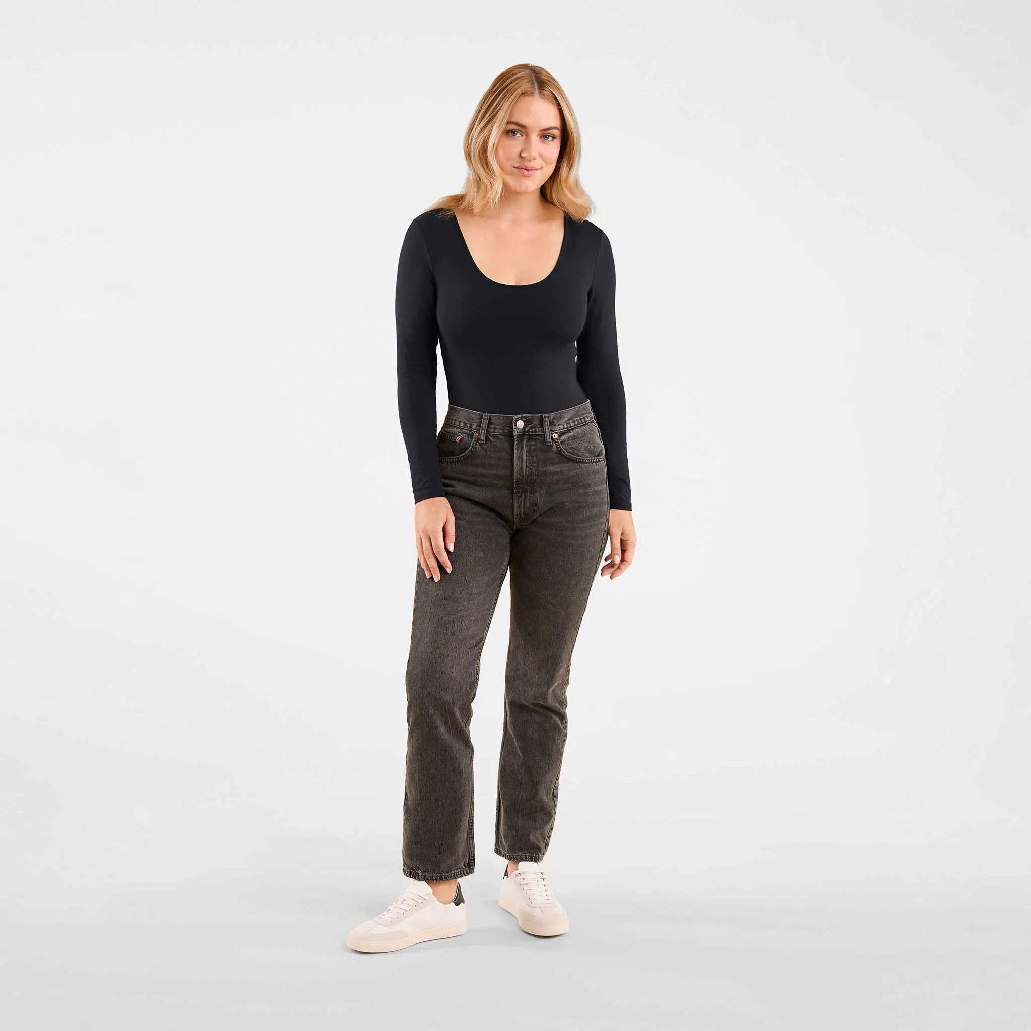 Long Sleeve Scoop Neck Bodysuit | Black