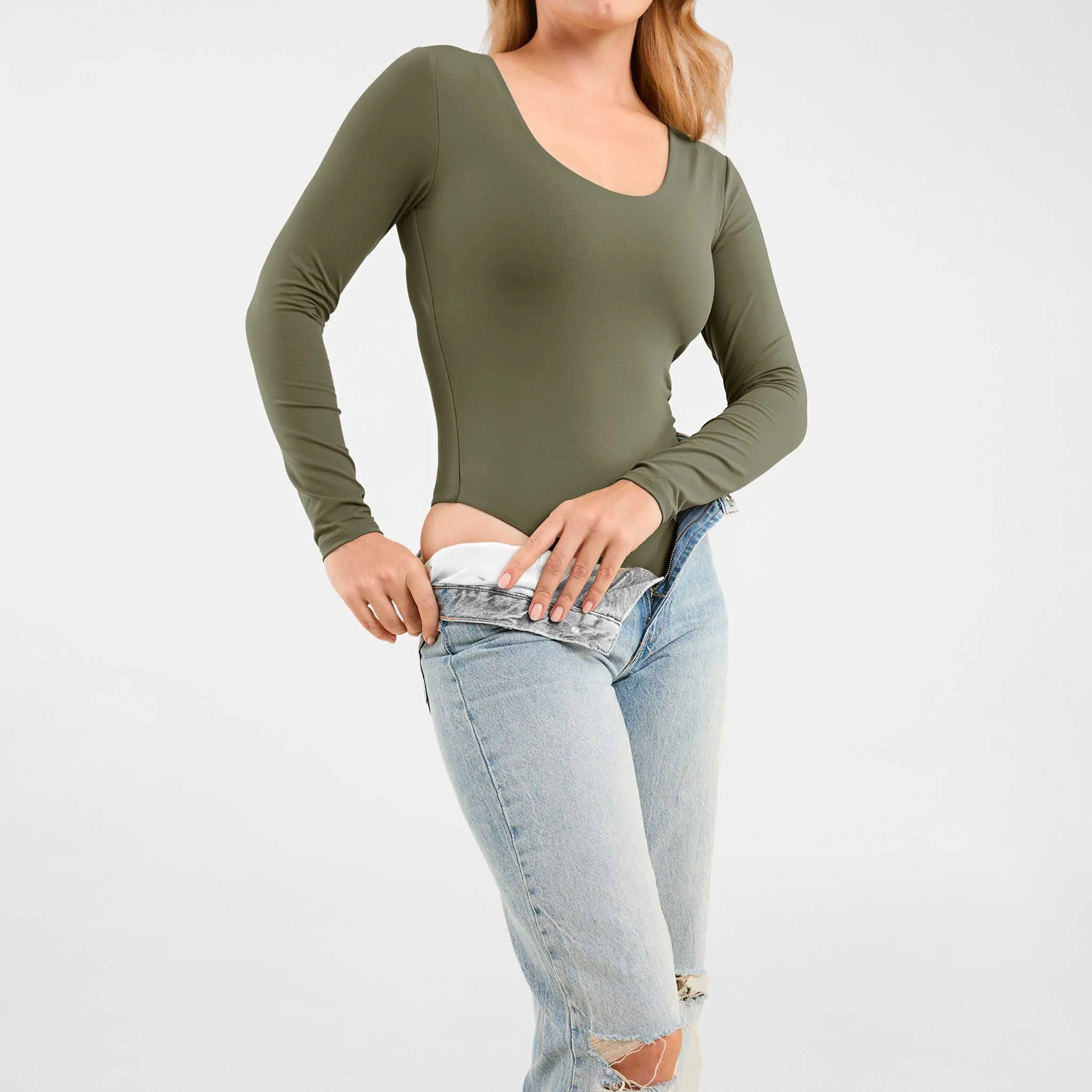 Long Sleeve Scoop Neck Bodysuit | Olive