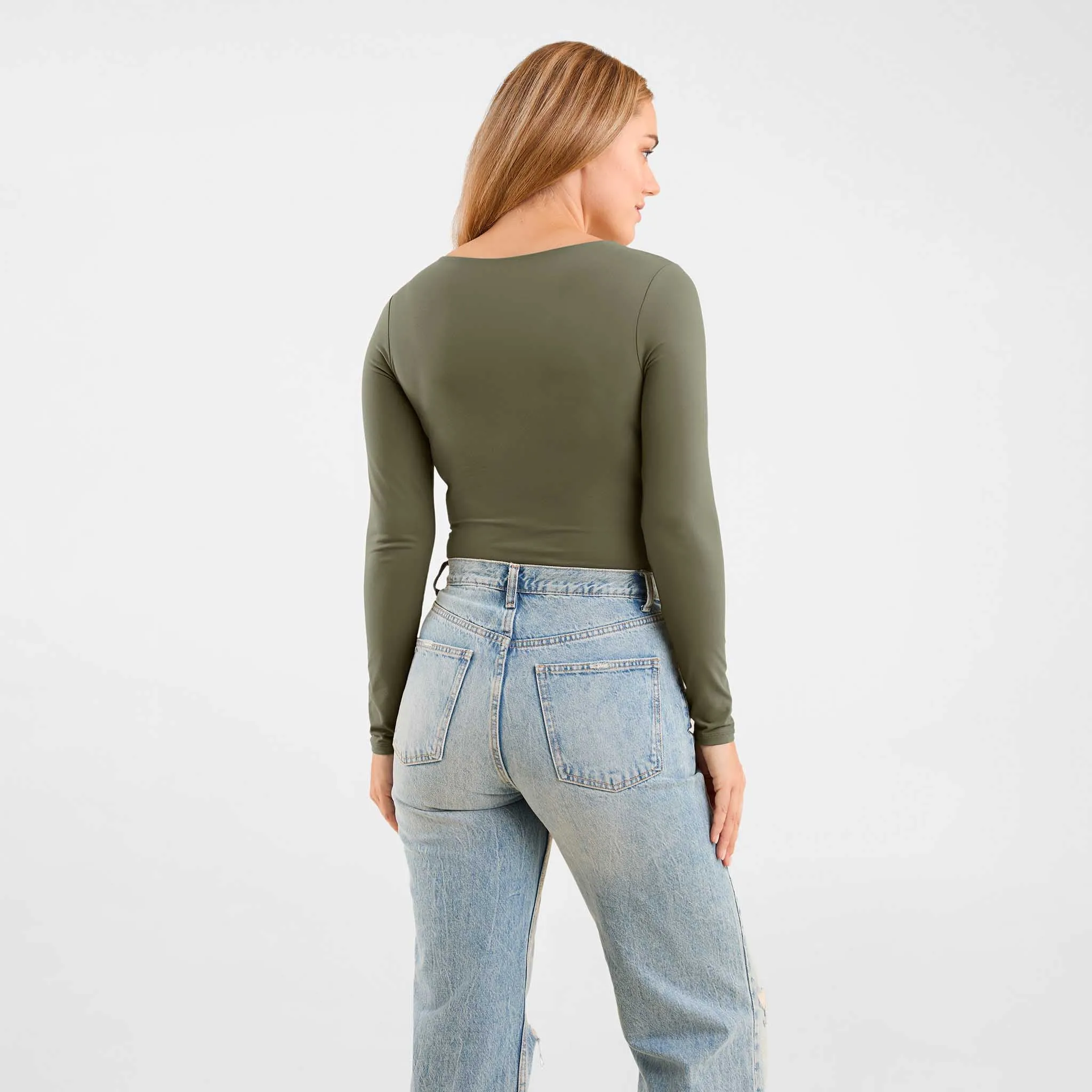 Long Sleeve Scoop Neck Bodysuit | Olive