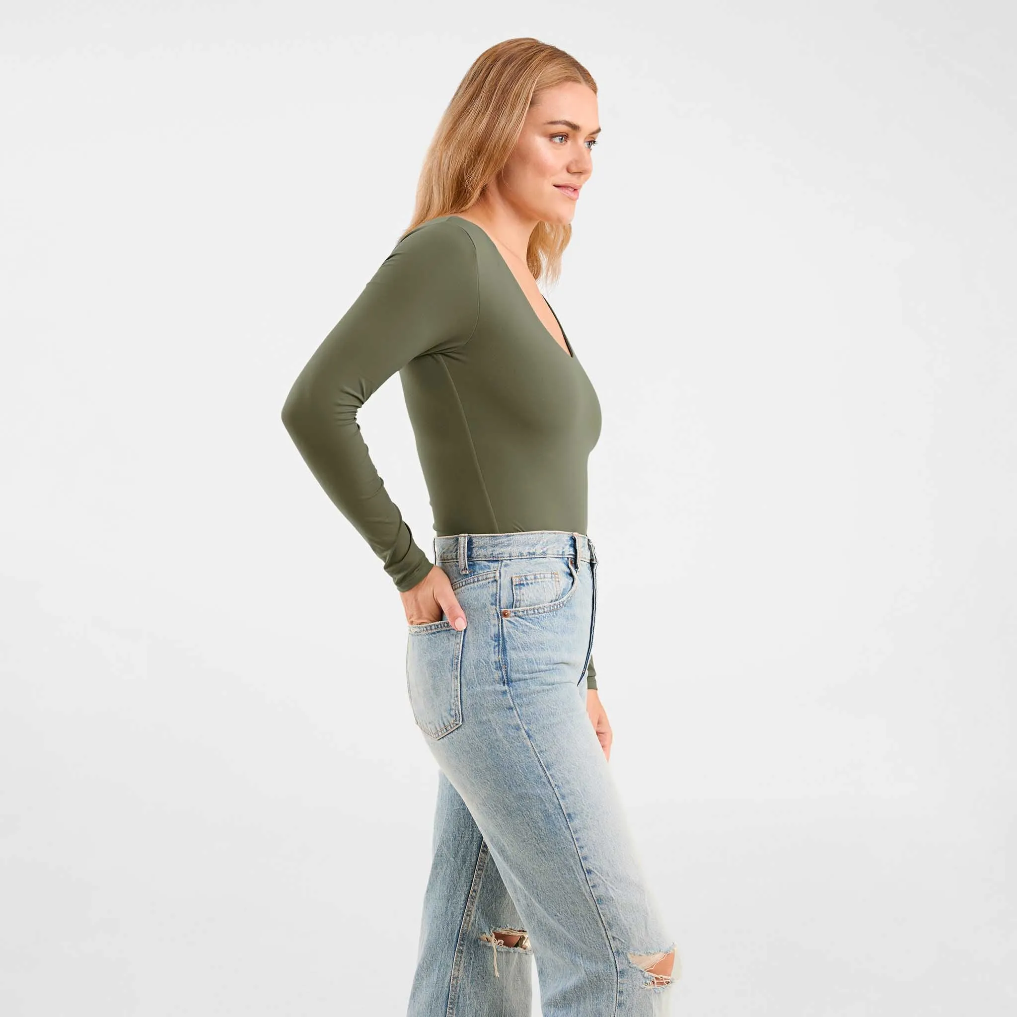 Long Sleeve Scoop Neck Bodysuit | Olive